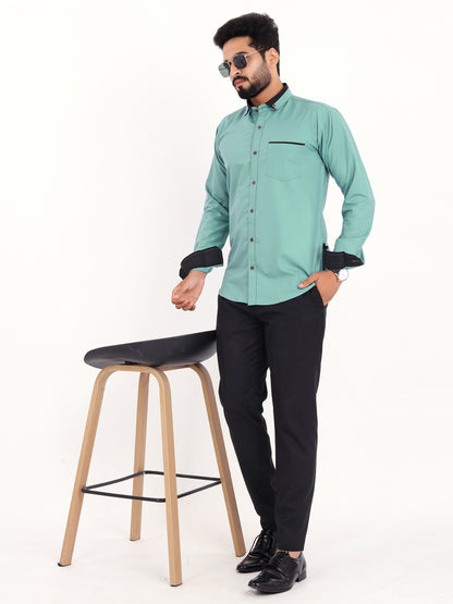 Sea Green Viscose Rayon Solid Pasting Collar Shirt