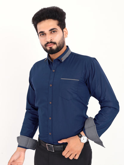 Navy Blue Viscose Rayon Solid Pasting Collar Shirt