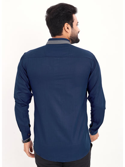 Navy Blue Viscose Rayon Solid Pasting Collar Shirt