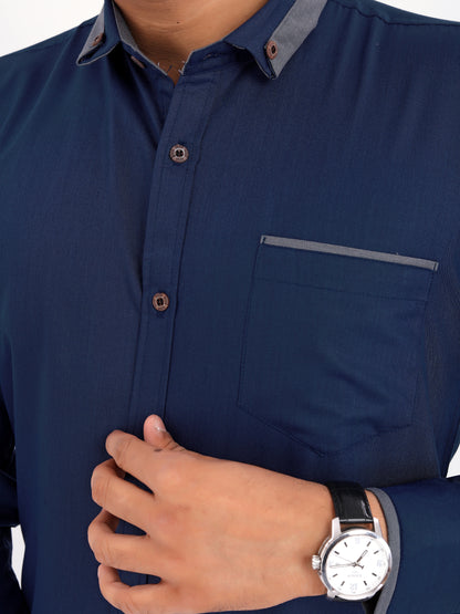 Navy Blue Viscose Rayon Solid Pasting Collar Shirt