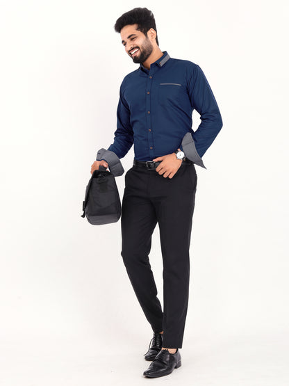 Navy Blue Viscose Rayon Solid Pasting Collar Shirt