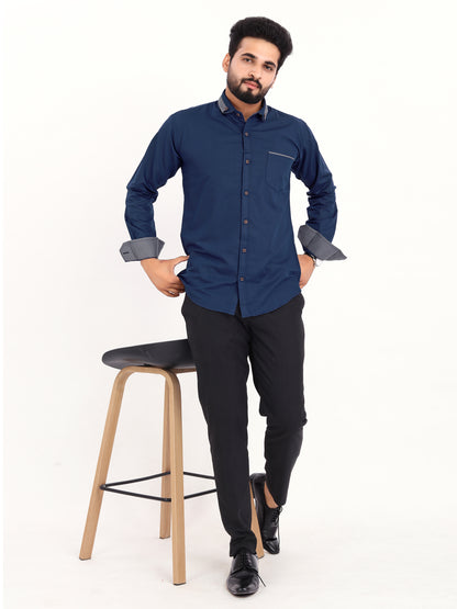 Navy Blue Viscose Rayon Solid Pasting Collar Shirt