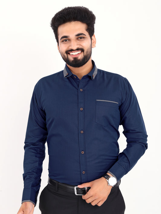 Navy Blue Viscose Rayon Solid Pasting Collar Shirt