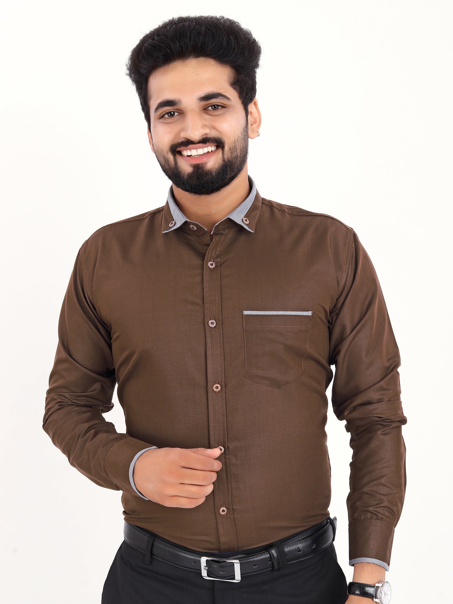 Brown Viscose Rayon Solid Pasting Collar Shirt