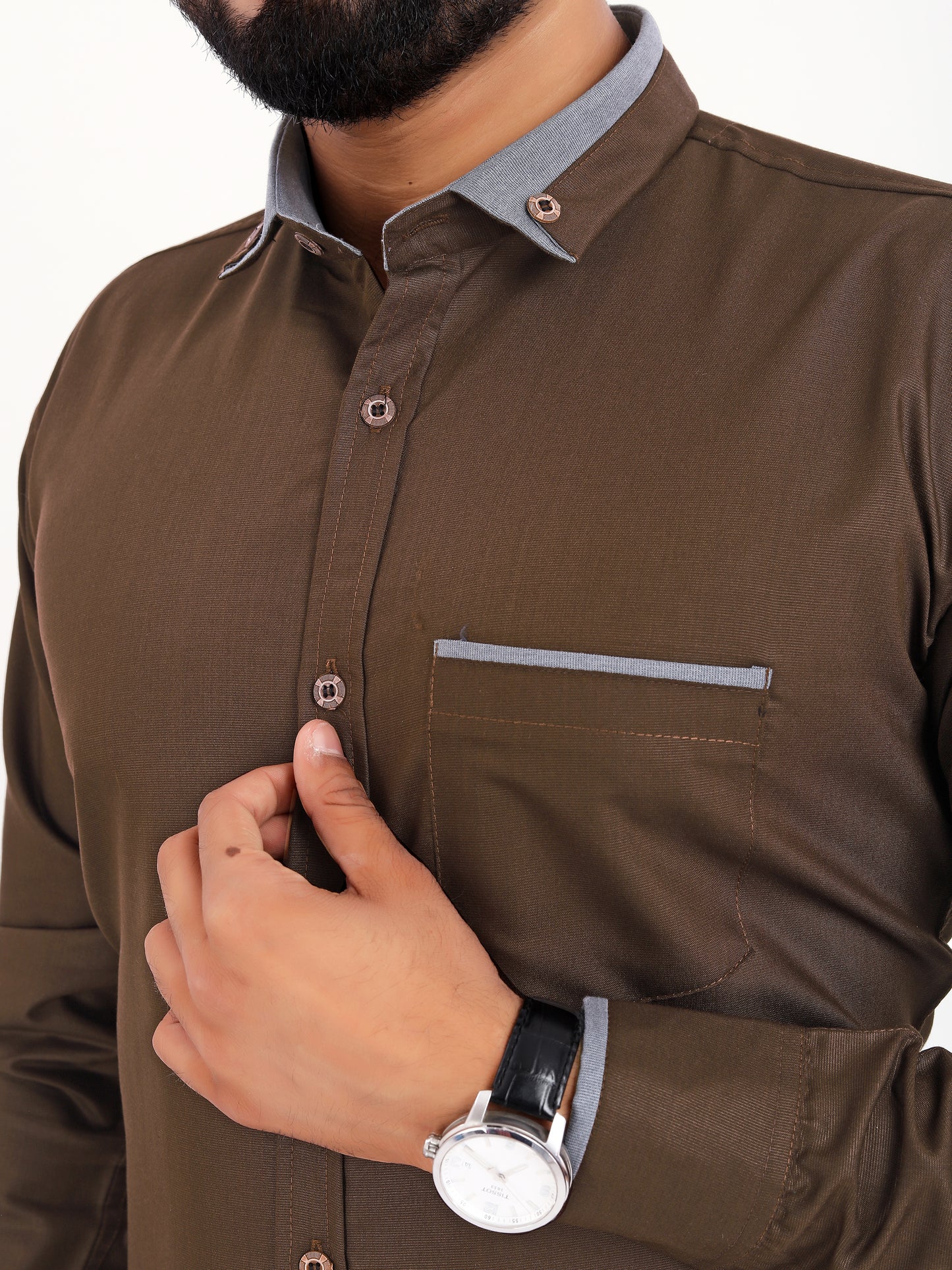 Brown Viscose Rayon Solid Pasting Collar Shirt