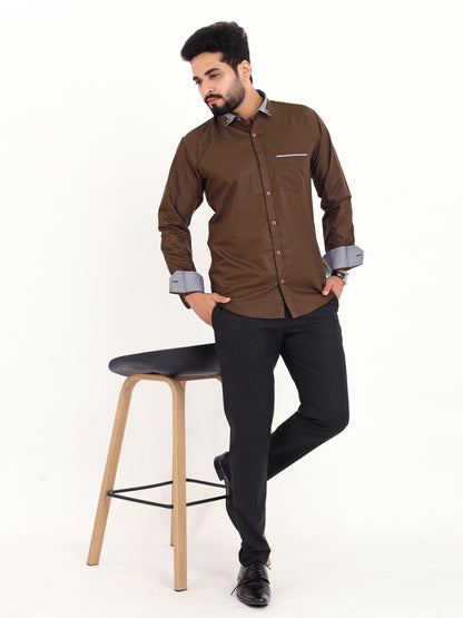 Brown Viscose Rayon Solid Pasting Collar Shirt