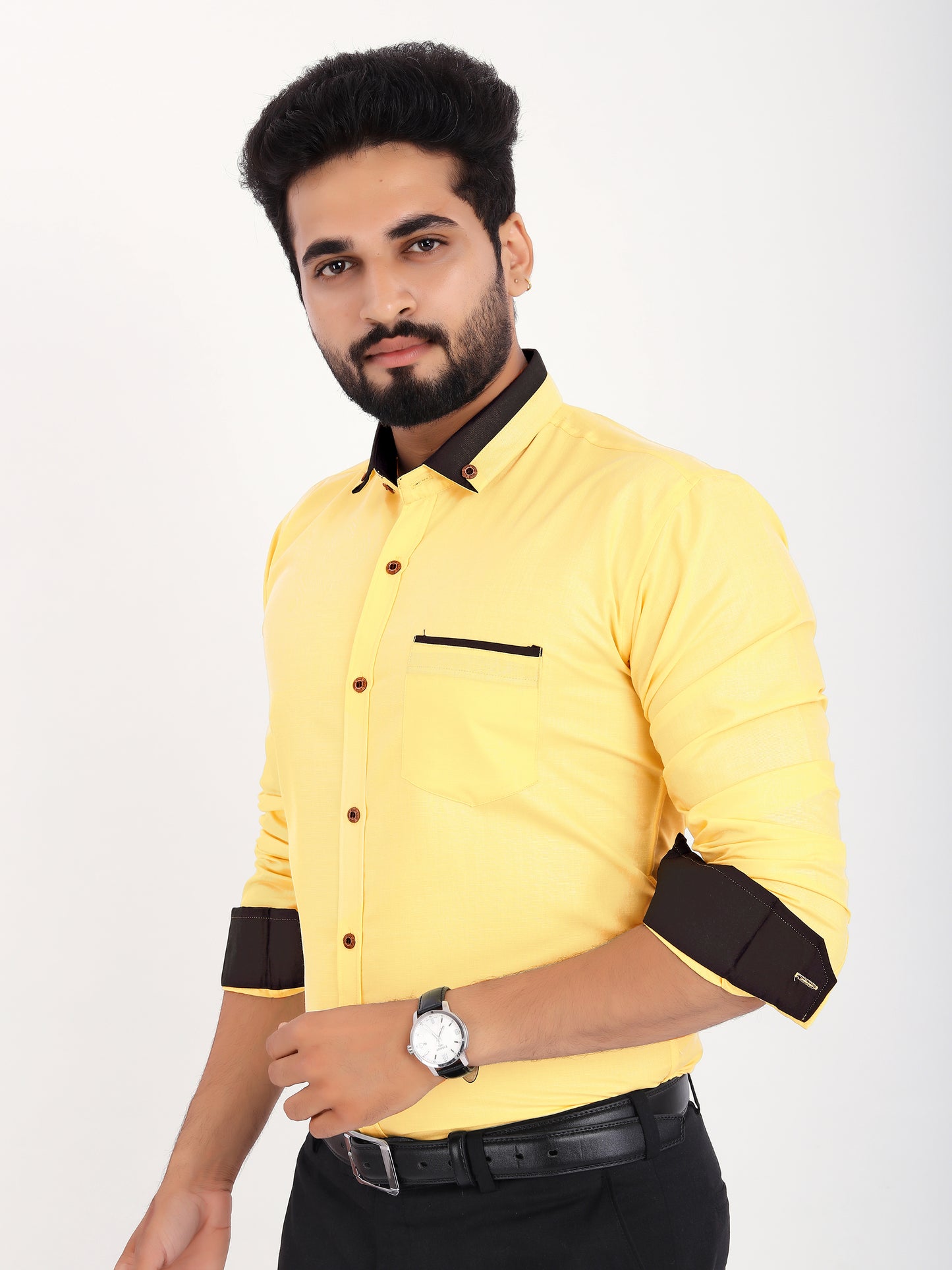 Yellow Viscose Rayon Solid Pasting Collar Shirt