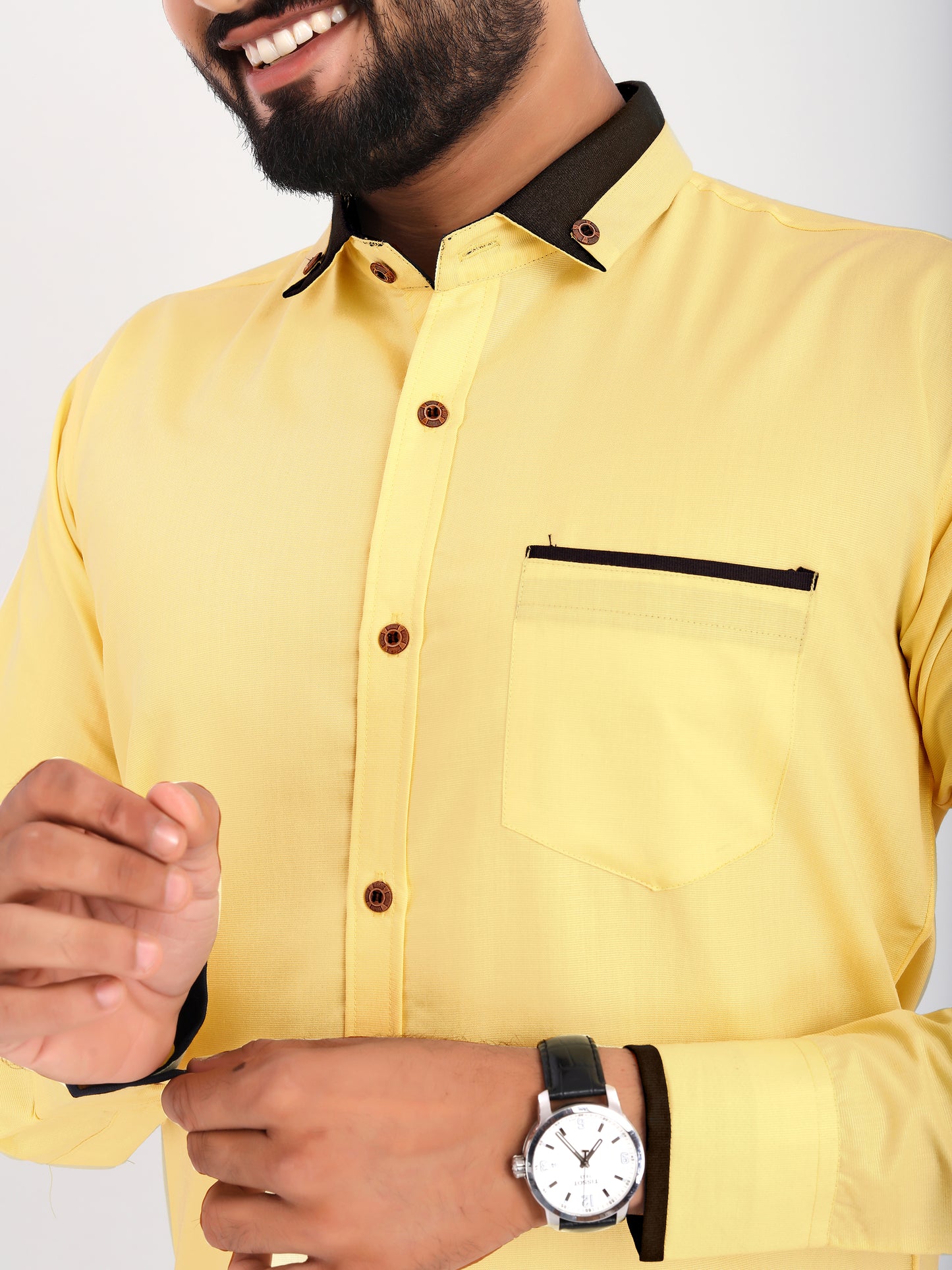 Yellow Viscose Rayon Solid Pasting Collar Shirt