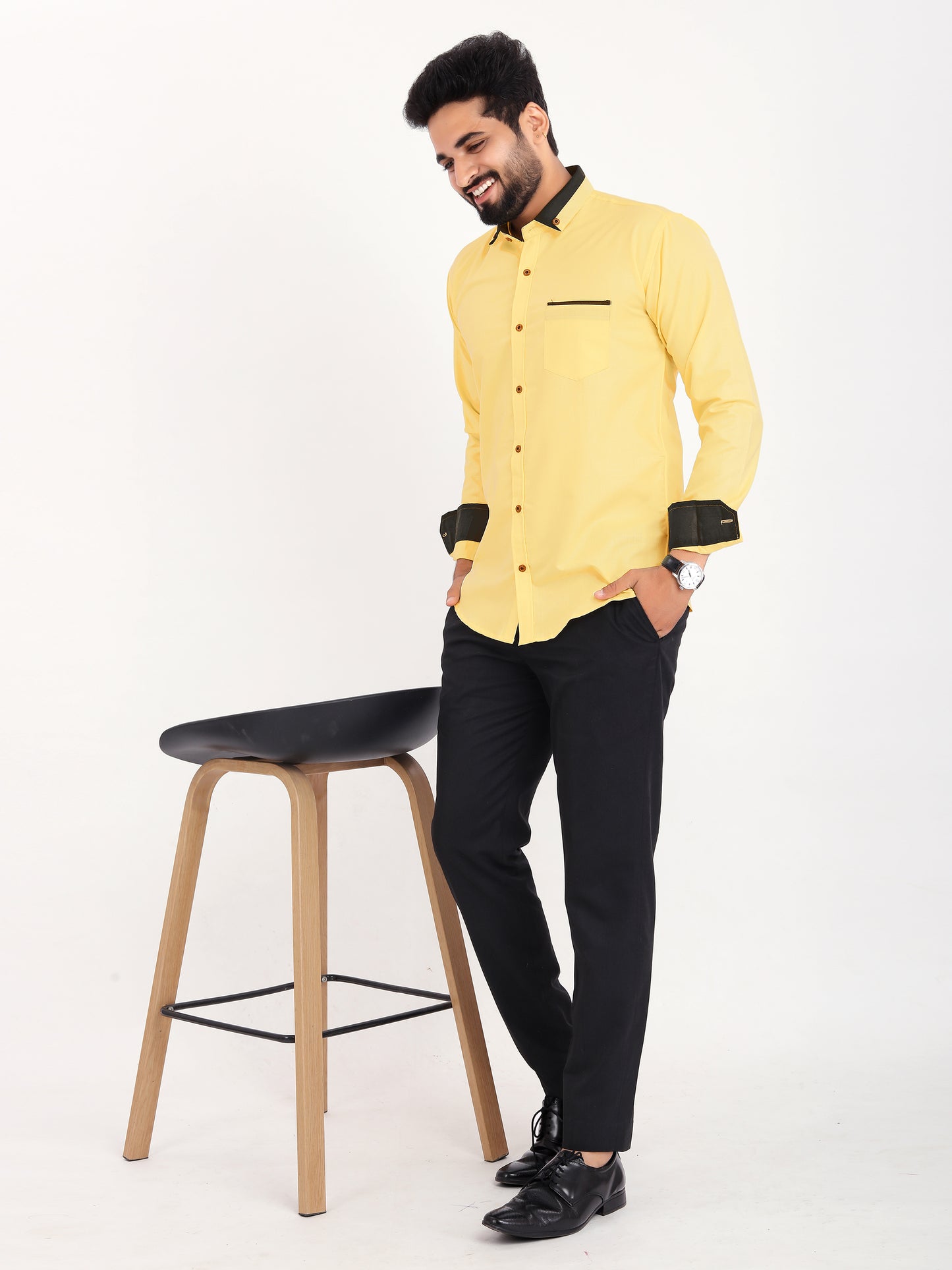 Yellow Viscose Rayon Solid Pasting Collar Shirt