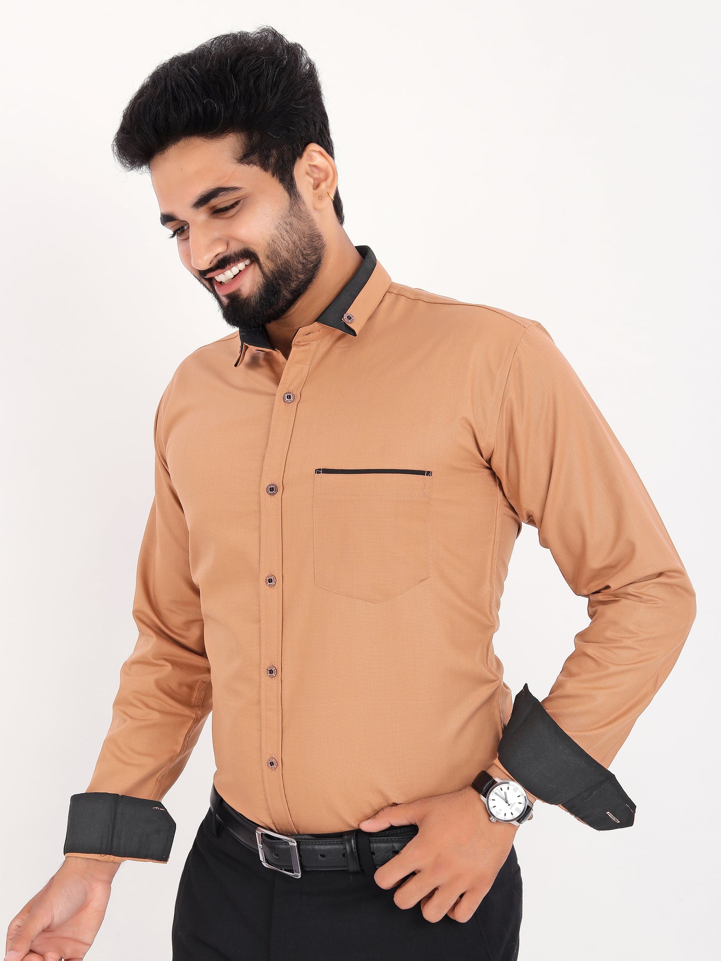 Light Brown Viscose Rayon Solid Pasting Collar Shirt