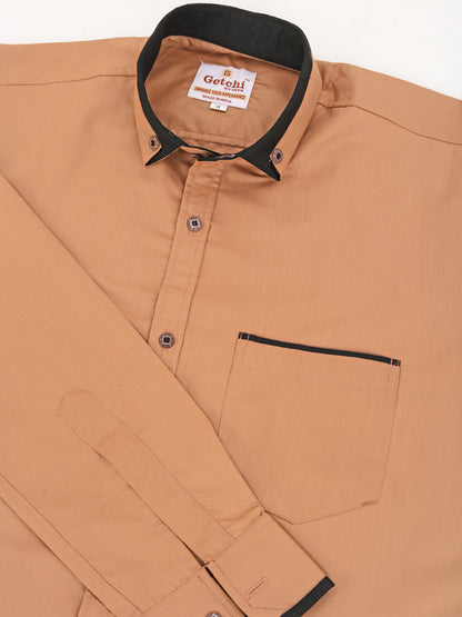 Light Brown Viscose Rayon Solid Pasting Collar Shirt