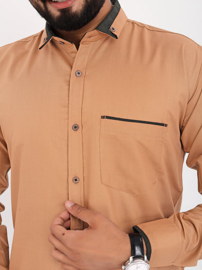 Light Brown Viscose Rayon Solid Pasting Collar Shirt