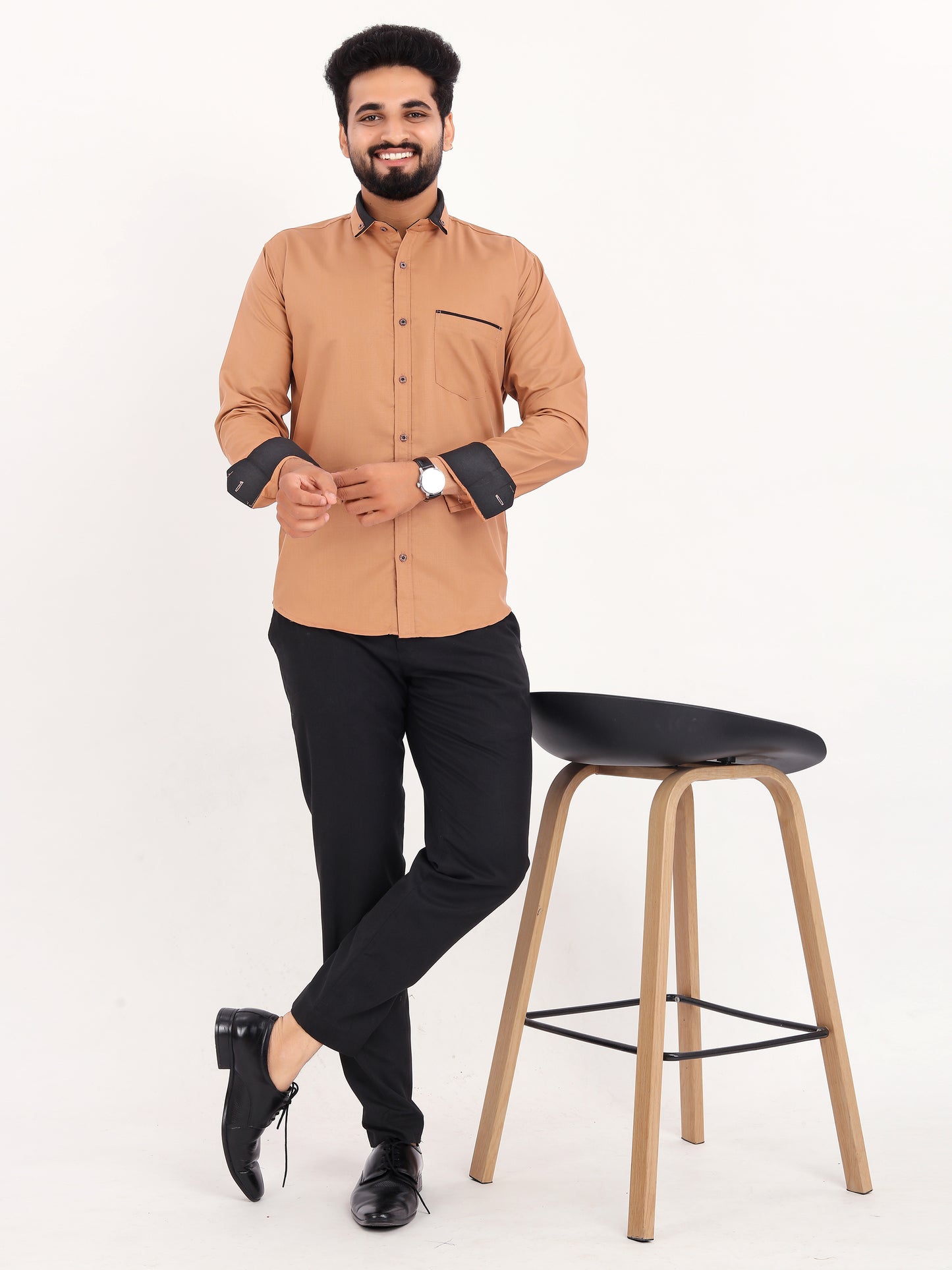 Light Brown Viscose Rayon Solid Pasting Collar Shirt