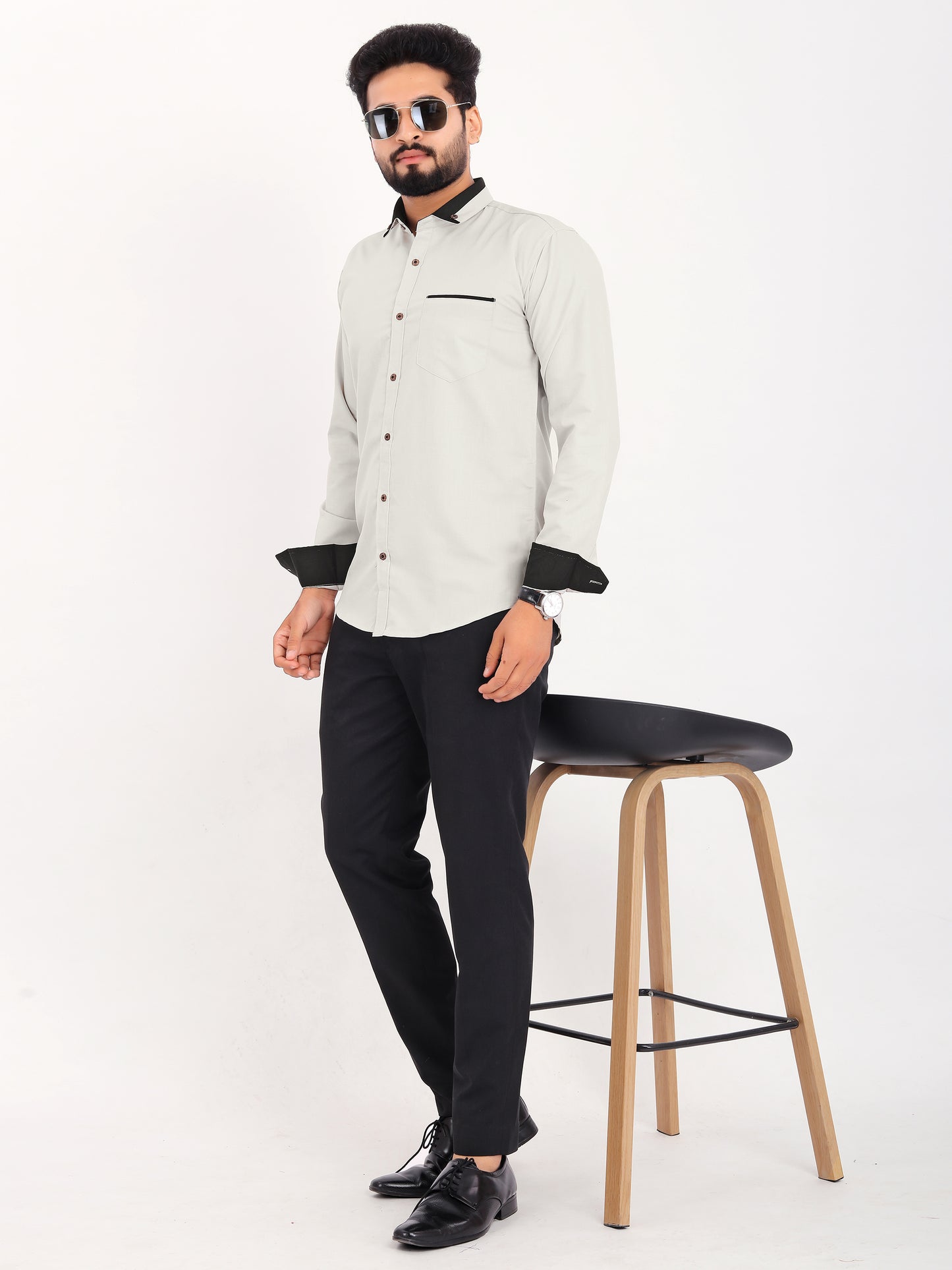 Light Grey Viscose Rayon Solid Pasting Collar Shirt