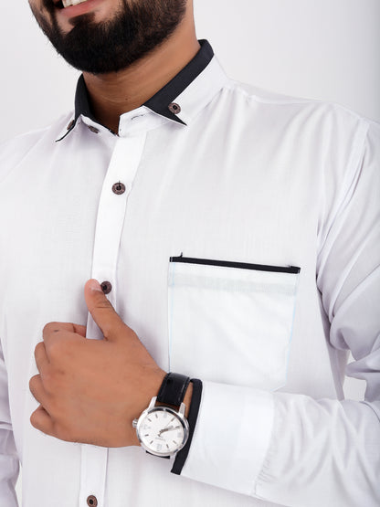 White Viscose Rayon Solid Pasting Collar Shirt