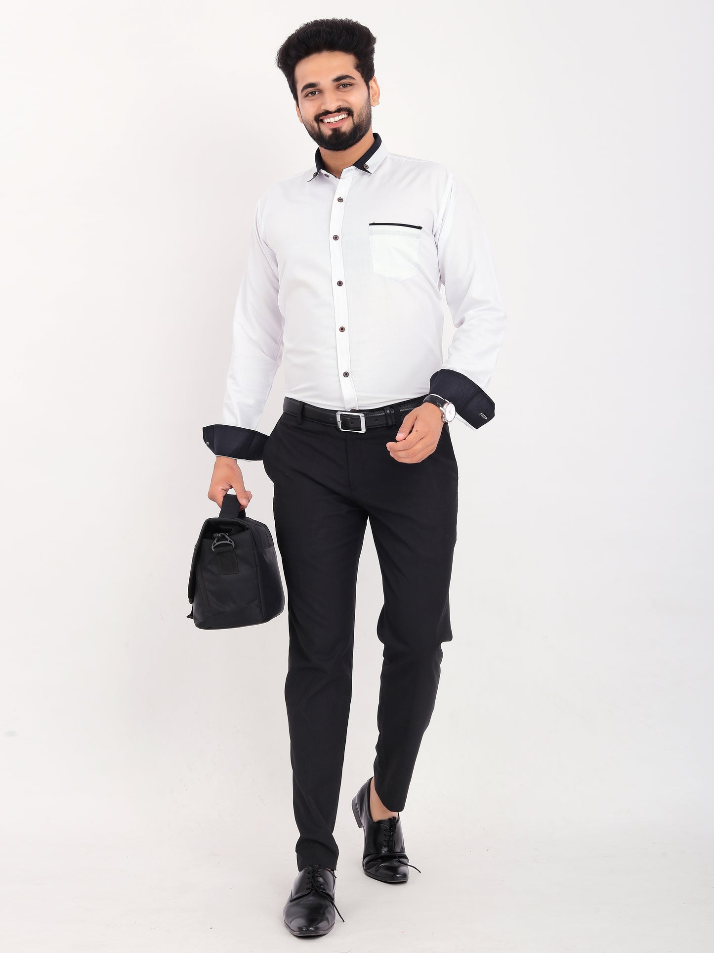 White Viscose Rayon Solid Pasting Collar Shirt