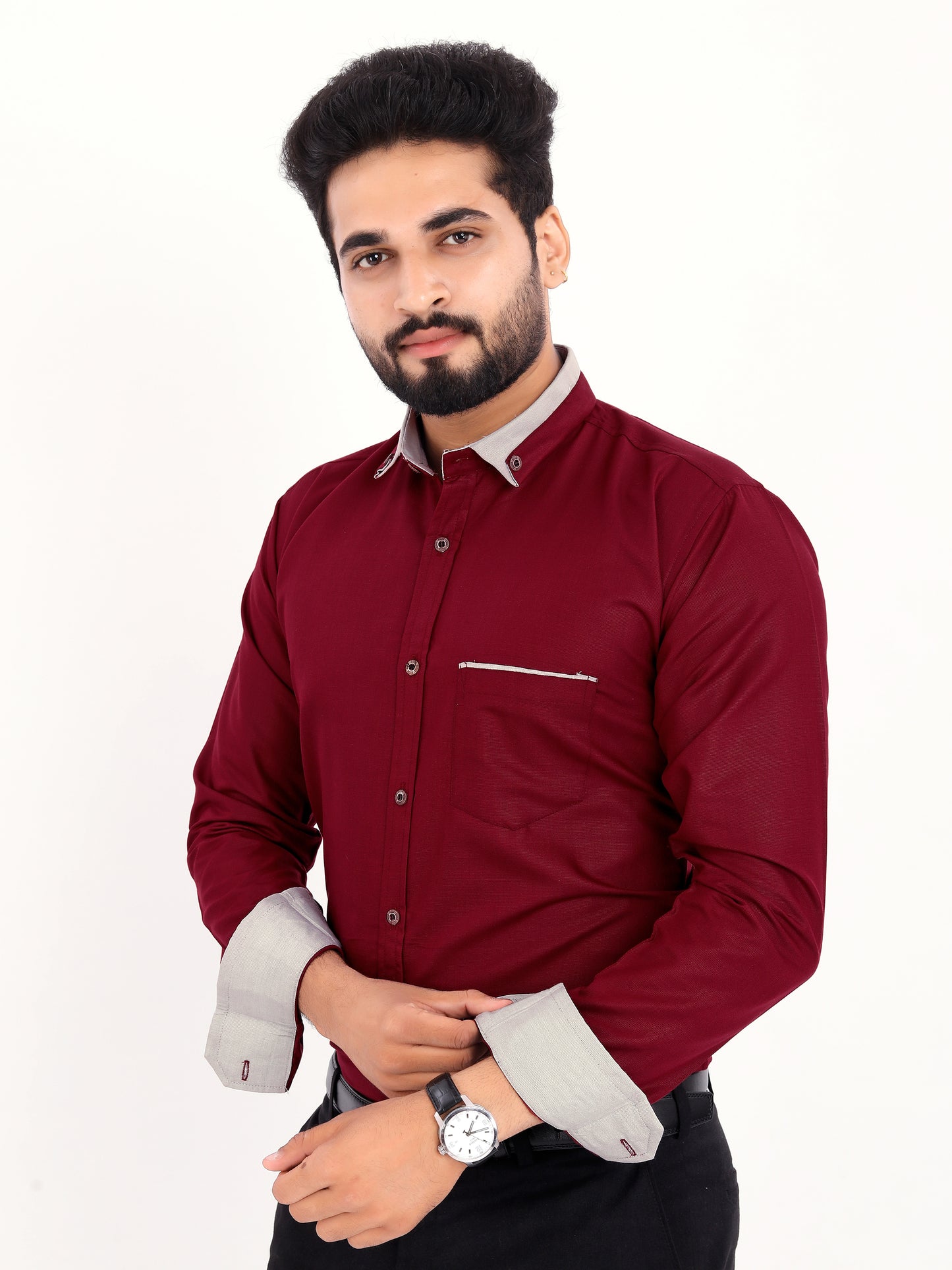 Maroon Viscose Rayon Solid Pasting Collar Shirt