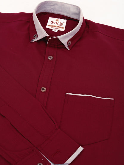 Maroon Viscose Rayon Solid Pasting Collar Shirt