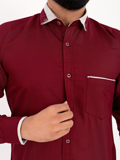 Maroon Viscose Rayon Solid Pasting Collar Shirt