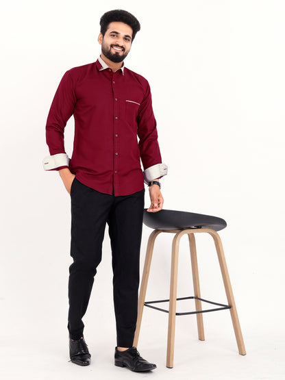 Maroon Viscose Rayon Solid Pasting Collar Shirt