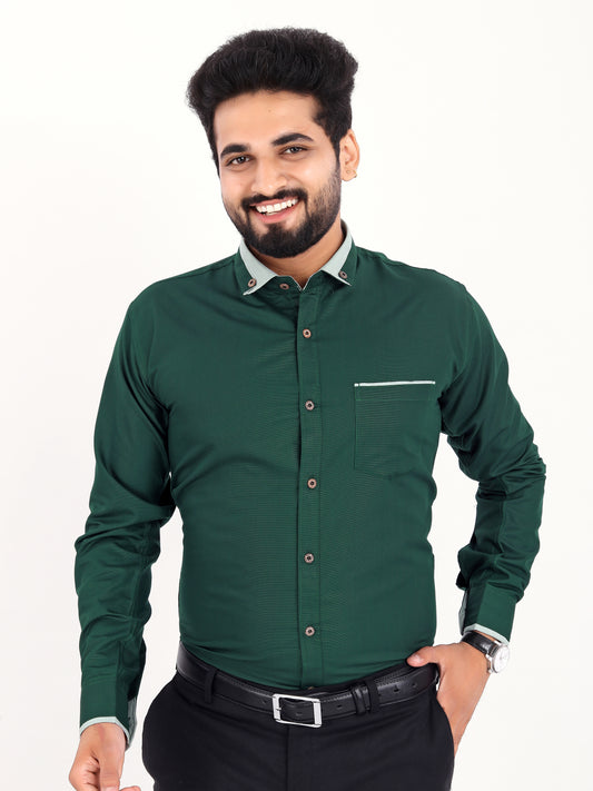 Dark Green Viscose Rayon Solid Pasting Collar Shirt