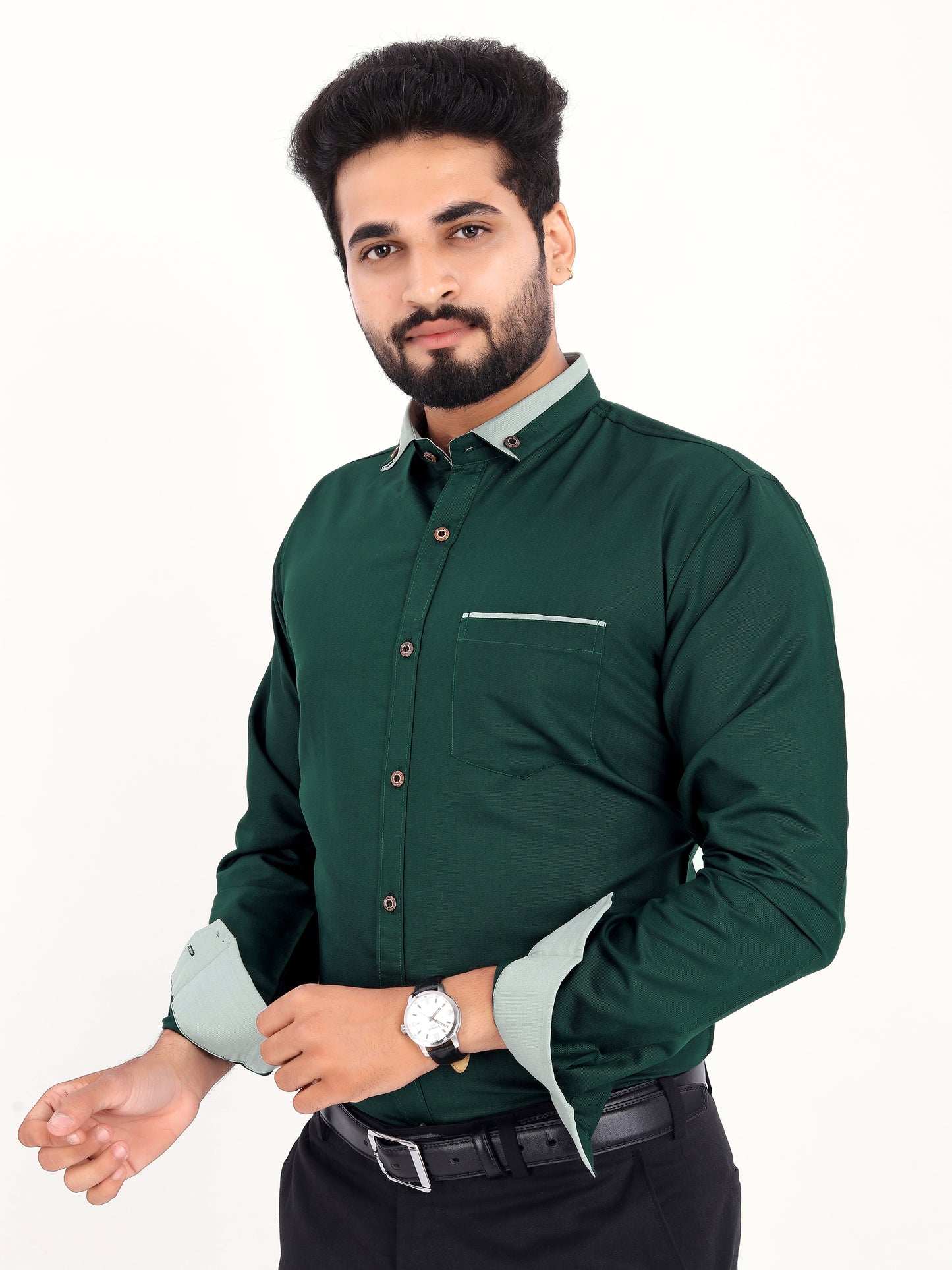 Dark Green Viscose Rayon Solid Pasting Collar Shirt