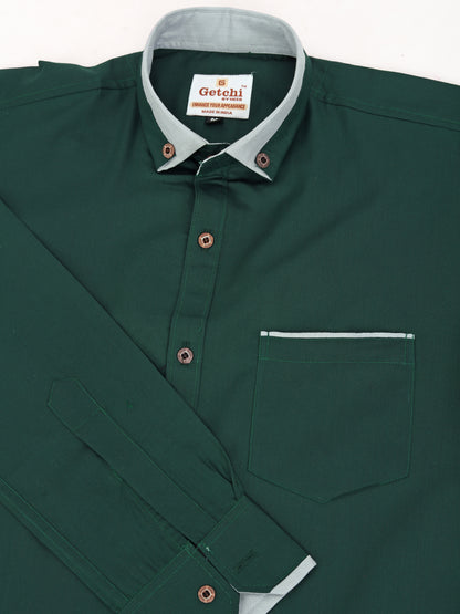 Dark Green Viscose Rayon Solid Pasting Collar Shirt