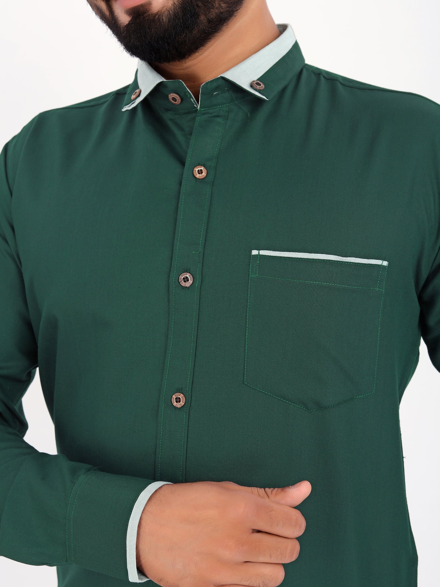 Dark Green Viscose Rayon Solid Pasting Collar Shirt