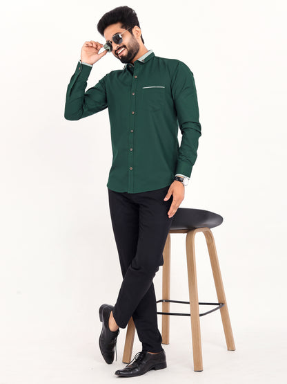 Dark Green Viscose Rayon Solid Pasting Collar Shirt