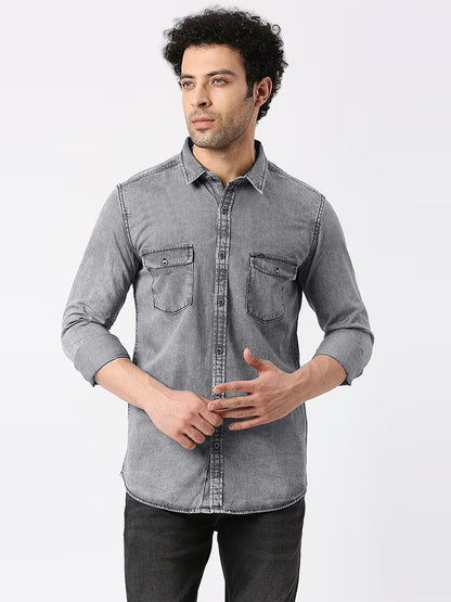 Grey Denim Shirt for Men with 2 Pocket