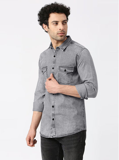 Grey Denim Shirt for Men with 2 Pocket