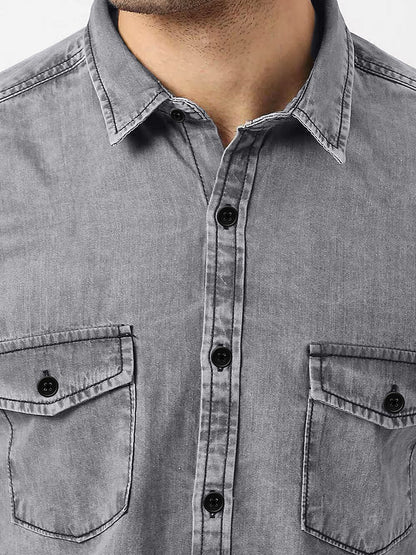 Grey Denim Shirt for Men with 2 Pocket