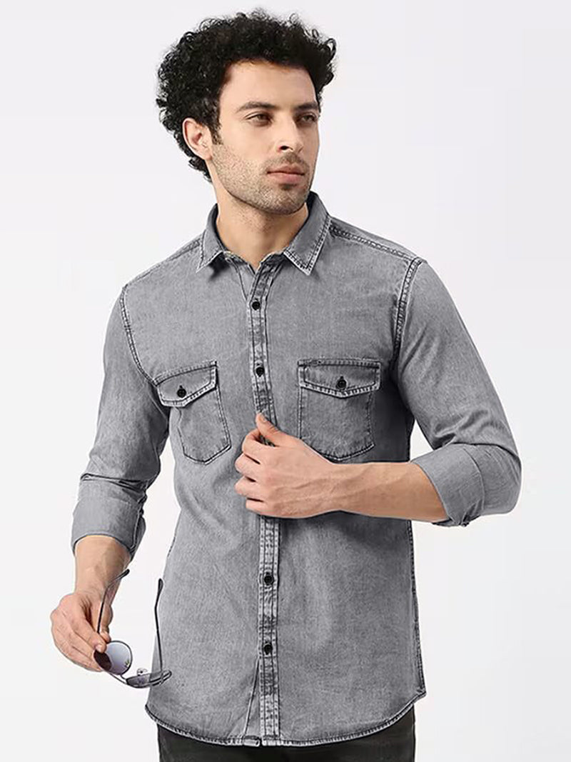 Grey Denim Shirt for Men with 2 Pocket