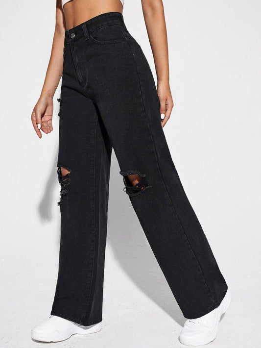 Black Denim Wide Leg Riped Funky Jeans