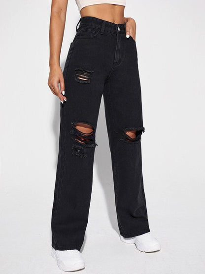 Black Denim Wide Leg Riped Funky Jeans