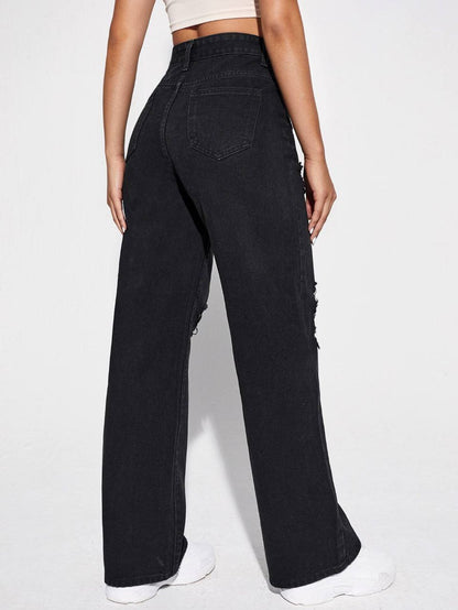 Black Denim Wide Leg Riped Funky Jeans