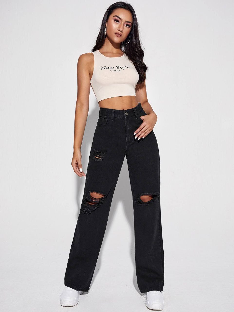 Black Denim Wide Leg Riped Funky Jeans