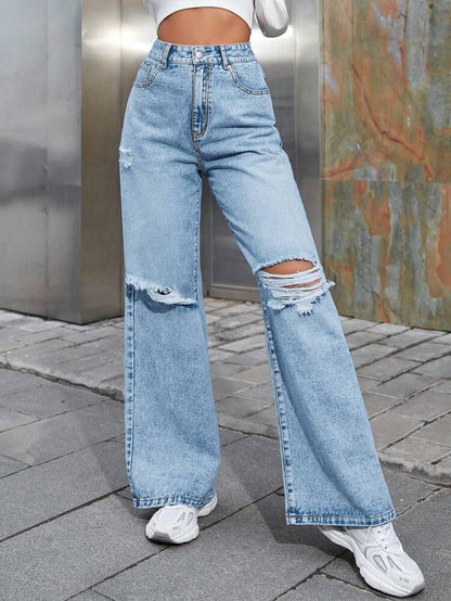 Light Blue Denim Wide Leg Riped Funky Jeans