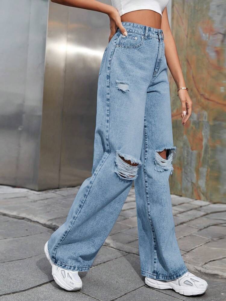 Light Blue Denim Wide Leg Riped Funky Jeans