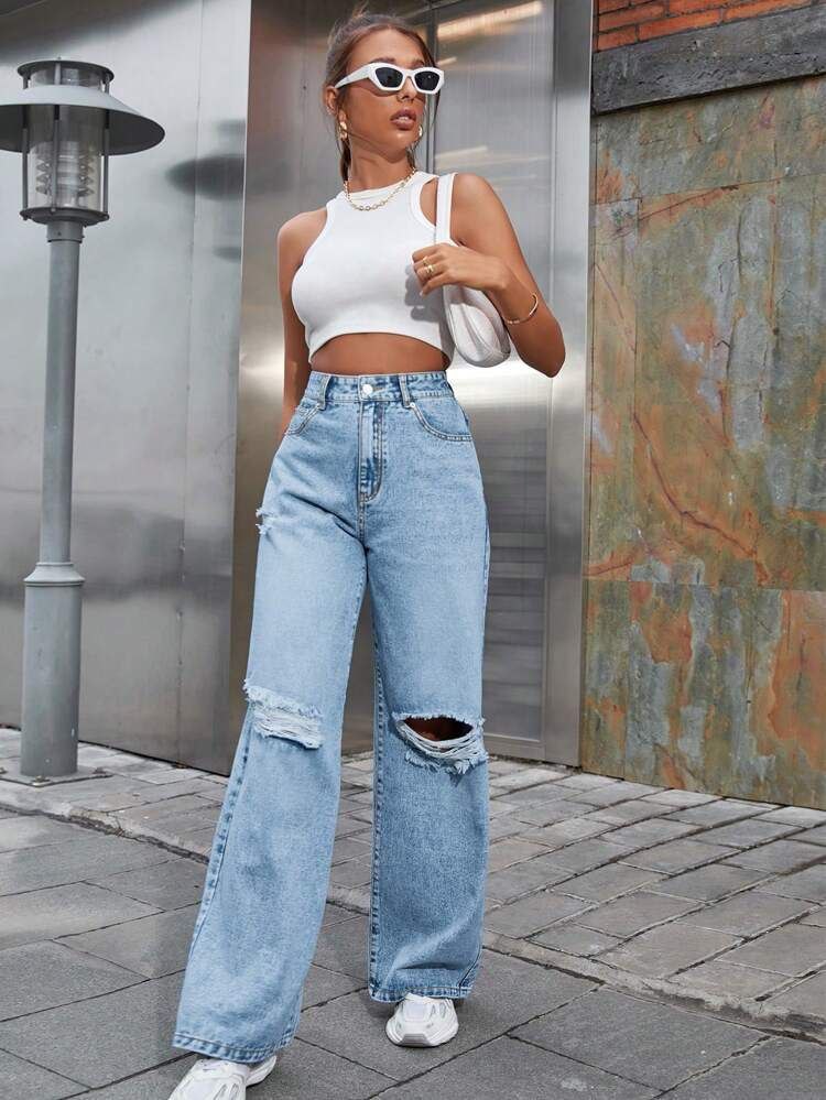 Light Blue Denim Wide Leg Riped Funky Jeans