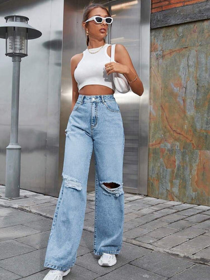 Light Blue Denim Wide Leg Riped Funky Jeans