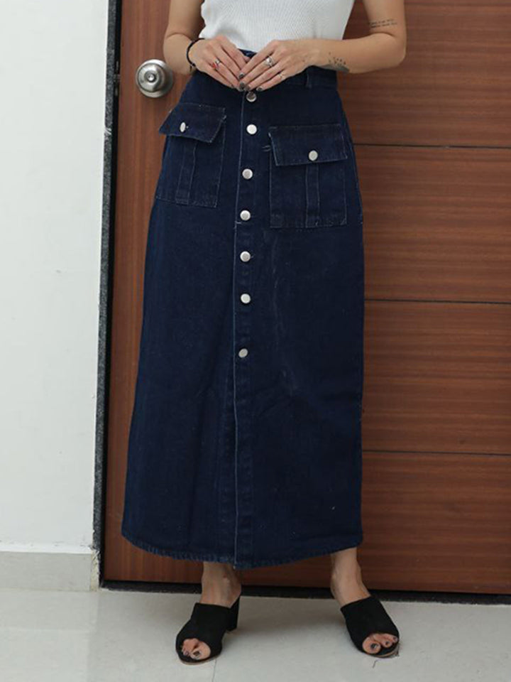 Dark Blue Denim Two Pocket Long Skirt