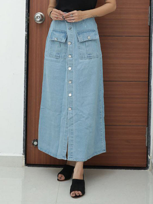 Sky Blue Denim Two Pocket Long Skirt