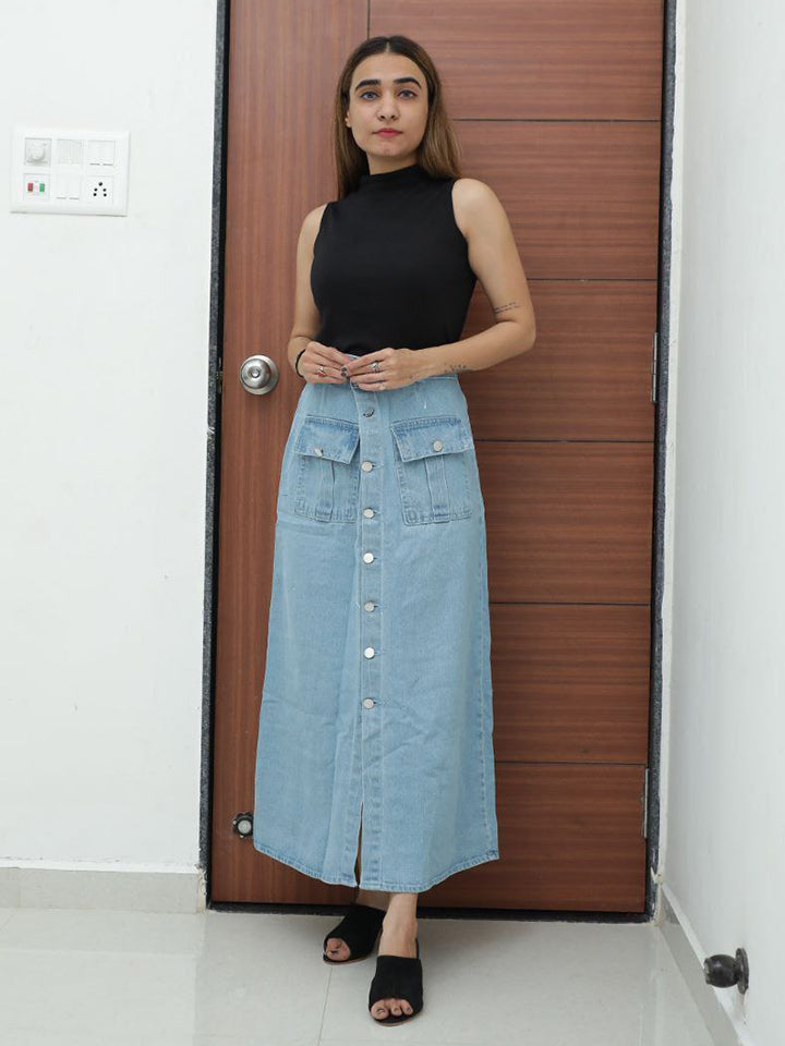 Sky Blue Denim Two Pocket Long Skirt