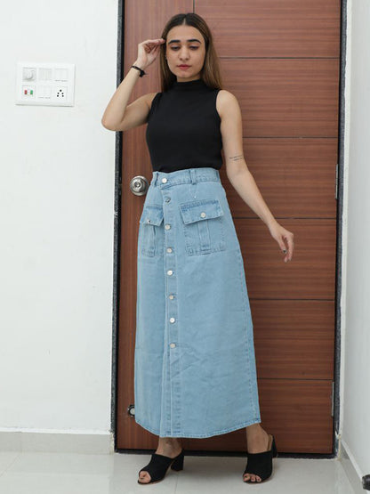 Sky Blue Denim Two Pocket Long Skirt