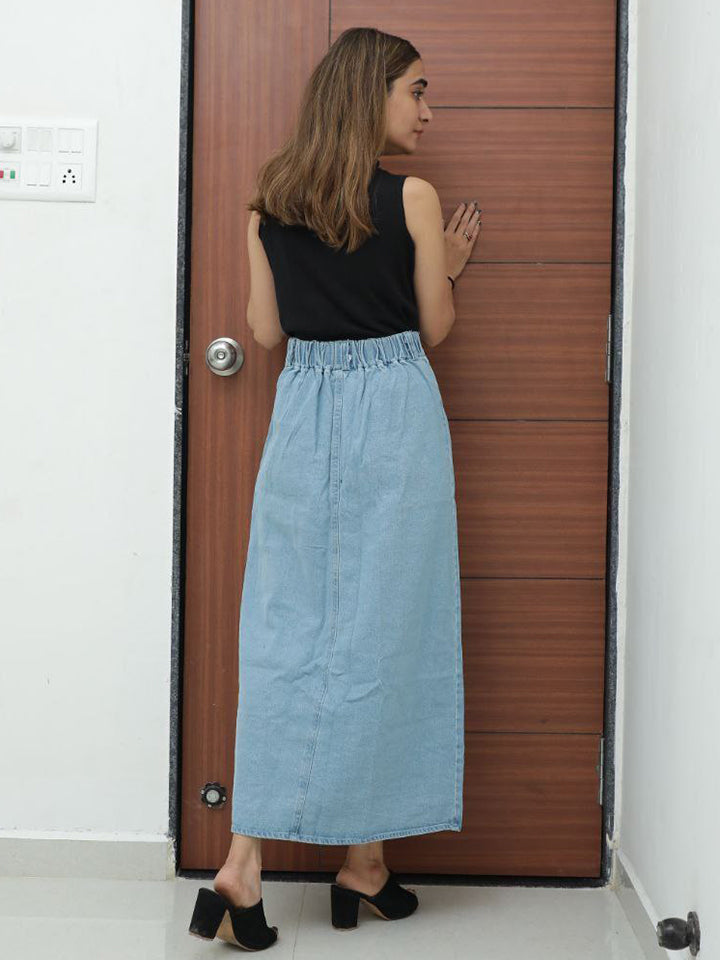 Sky Blue Denim Two Pocket Long Skirt