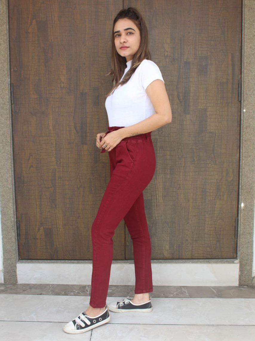 Maroon Denim Stretchable Raffle Jeans