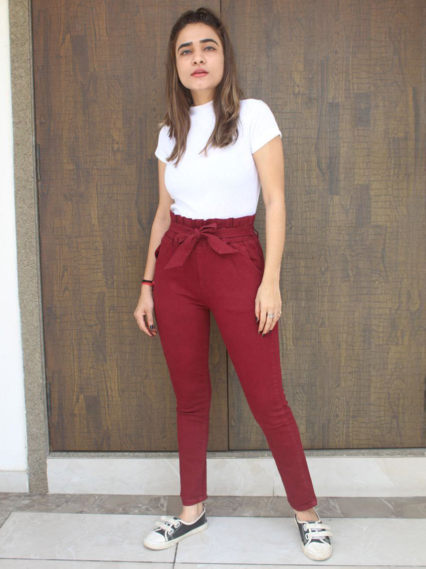 Maroon Denim Stretchable Raffle Jeans