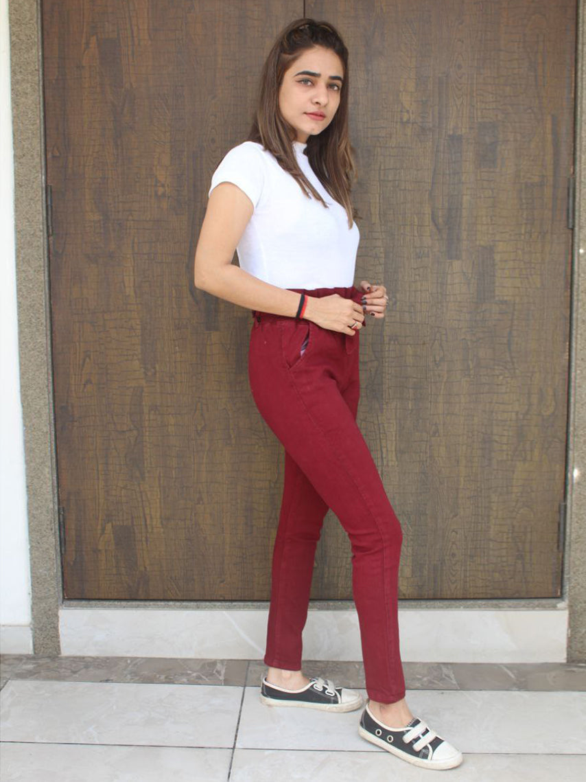 Maroon Denim Stretchable Raffle Jeans