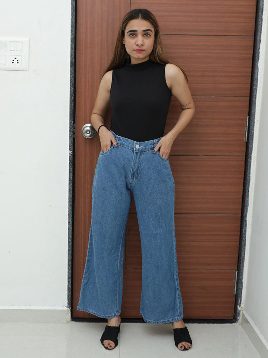 Stone Blue Denim Wide Leg Jeans